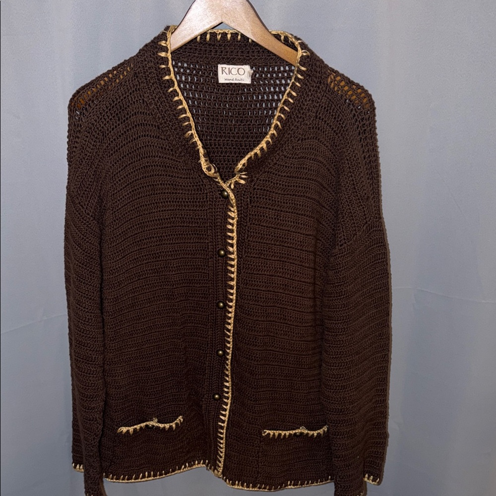Rico Cotton Hand knit Brown cardigan Cozy Vintage 90s Eclectic Grandma Size XL